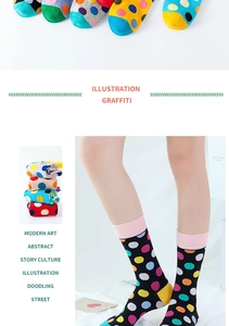 Detailed view of colorful graffiti polka dot mid-tube cotton socks in multiple colorways
