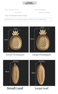 Größentabelle für goldene Holztabletts in Ananas- und Blattform mit verschiedenen Abmessungen
