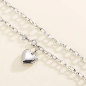 Polished silver stainless steel necklace with 3D heart pendant on link chain