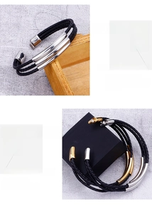 Detail of multi-layer braided leather bracelet featuring magnetic clasp and metal tube accents
