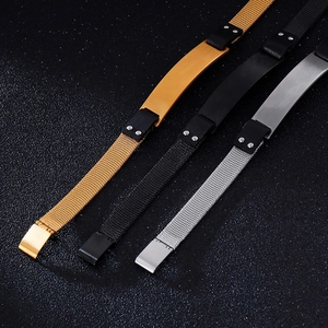 Close-up of three men's stainless steel mesh bracelets in gold, black, and silver finish