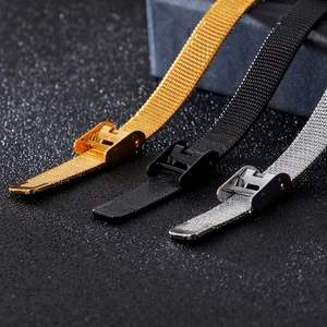 Three-color mesh stainless steel bracelet options in gold, black, and silver finishes