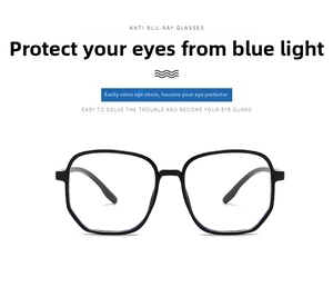Detailed front view of black geometric oversized blue light blocking glasses frames