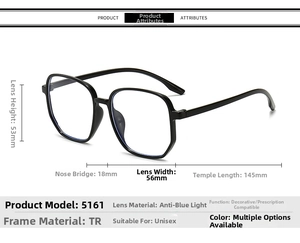 Detailed size specifications for 5161 large frame anti-blue light glasses showing TR material