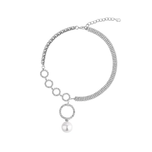 Luxe geometric circular necklace with full crystal pavé and large pearl pendant decoration