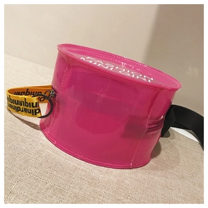Pink translucent PVC round bag with Fashion Mini Girl text and yellow strap detail