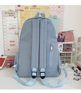 Dettaglio del retro dello zaino azzurro con spallacci imbottiti e tasca con zip verticale