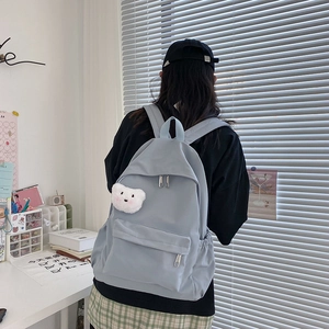 Vista posteriore di uno zaino in nylon azzurro con orsetto di peluche su un modello