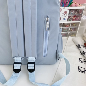 Dettaglio degli spallacci imbottiti e della tasca posteriore con zip dello zaino azzurro