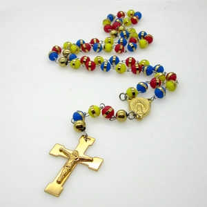 Colorful beaded rosary necklace with gold Jesus cross and Virgin Mary medal