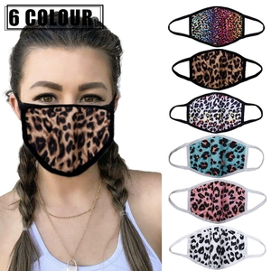 Collage of fashion leopard print cloth masks in six colors with elastic ear loops