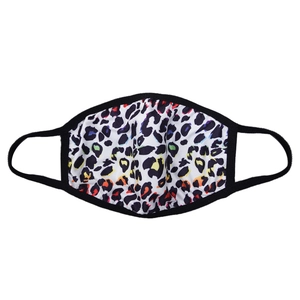 Detail shot of colorful leopard print face mask with ergonomic 3D design and black ear loops
