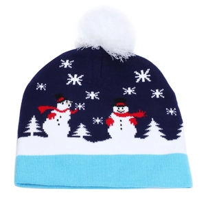 Close-up of winter beanie showing knit texture with snowman and snowflake patterns