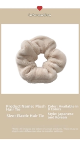 Detail view of plush beige hair scrunchie showing soft faux fur texture and high elasticity