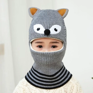 Grey knit kids fox balaclava with warm fleece lining and black white striped neck warmer