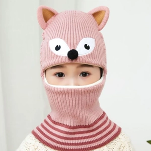 Close-up of pink fox-themed knit balaclava for kids with ears and warm fleece lining
