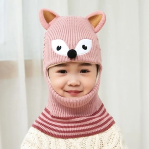 Pink knit children's winter hat featuring cute animal ears and integrated neck warmer