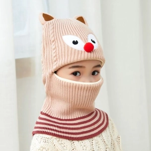 Detail of toddler beige knitted balaclava with red pom-pom nose and warm fleece lining
