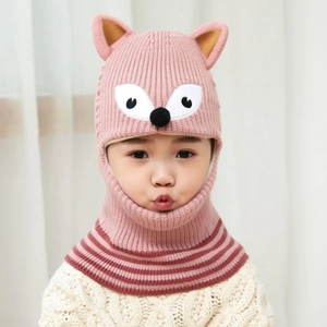 Detailed knit texture and fox ear design on pink toddler warm hooded scarf hat