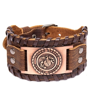 Adjustable wide brown leather bracelet with United States Marine Corps metal emblem