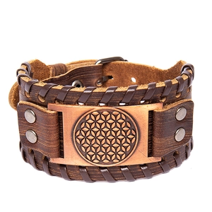 Brown leather Viking bracelet for men with bronze Flower of Life metal charm and buckle