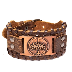 Nordic Viking Tree of Life brown wide leather bracelet with engraved copper plate
