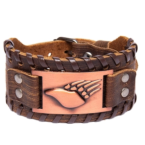 Vintage brown braided leather bracelet with bronze punk metal totem wolf paw design