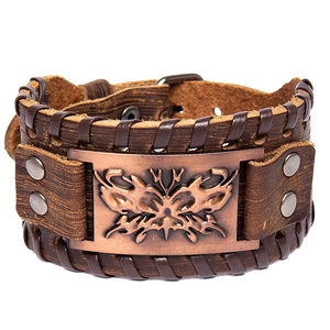 Vintage brown leather Viking bracelet with antique bronze butterfly totem metal plate