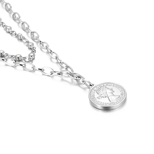 Silver multi-layer necklace with coin pendant featuring Queen Elizabeth portrait