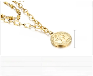 Macro view of gold-layered stainless steel necklace with coin pendant and dimensions