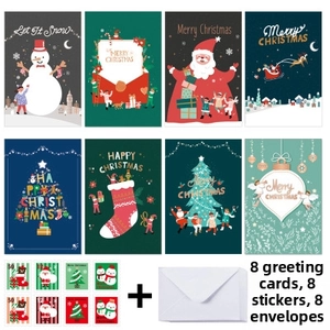 8-pack Christmas card set with hand-drawn illustrations, stickers, and white envelopes
