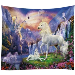 Dreamy unicorn tapestry with fantasy castle and waterfall for wall decoration