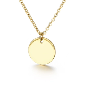 Elegant gold round disc pendant necklace with thin chain on white background