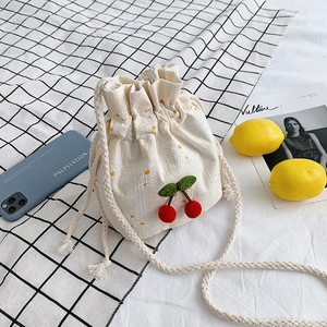 Mini Canvas Bucket Bag With Cherry And Daisy Embroidery Drawstring Crossbody Shoulder Pouch For Women Daily Use