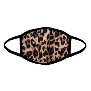 Washable leopard print fabric face mask with soft black elastic ear loops on white background