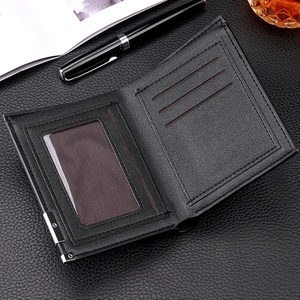 Classic black men's leather wallet with card slots and photo window in business setting