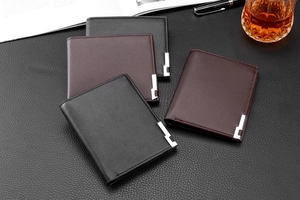 Business style men's leather wallets in black and brown colors with metal detail