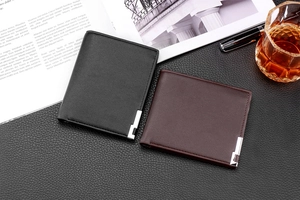 Classic leather wallets for men in black and brown with sleek metal corner detail