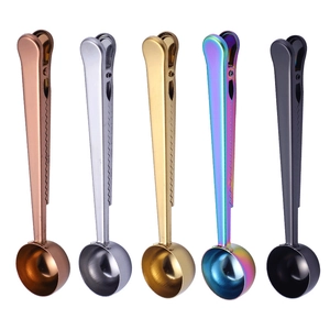 Five-piece stainless steel measuring spoons with integrated bag clips in various colors