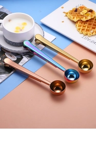 Three multi-functional metal coffee spoons with bag clips in gold and rose gold