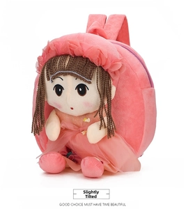 Pink plush kids backpack for 1-4 years old featuring a 3D doll in a tulle dress