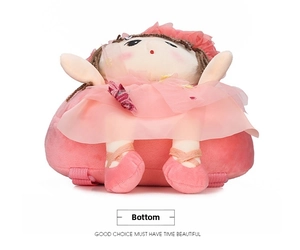 Bottom view of pink plush doll backpack for girls featuring tulle dress and soft straps