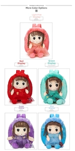 Detailed grid view of plush cartoon character backpacks for toddlers in five vibrant colors