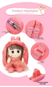 Detail view of pink plush doll backpack showing durable zippers and adjustable straps