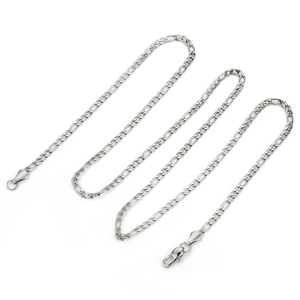Detail of silver Figaro style stainless steel chain necklace with polished metal link texture