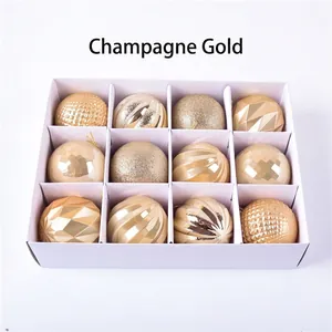 12-piece champagne gold Christmas ball ornament set with mixed textures in a white box