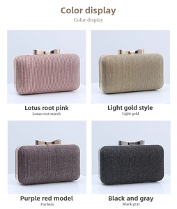 Color options for pleated evening clutch bags with bow clasp in four glittery shades
