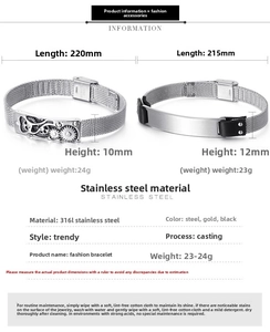 Detailed view of 316L stainless steel mesh bracelet with dimensions and material specs