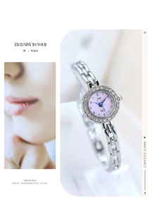 Detailed close-up of a silver watch with a pink dial and diamond-set bezel for women