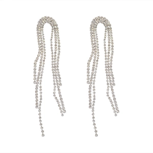Exaggerated long silver tassel drop earrings with sparkling rhinestone crystals for women